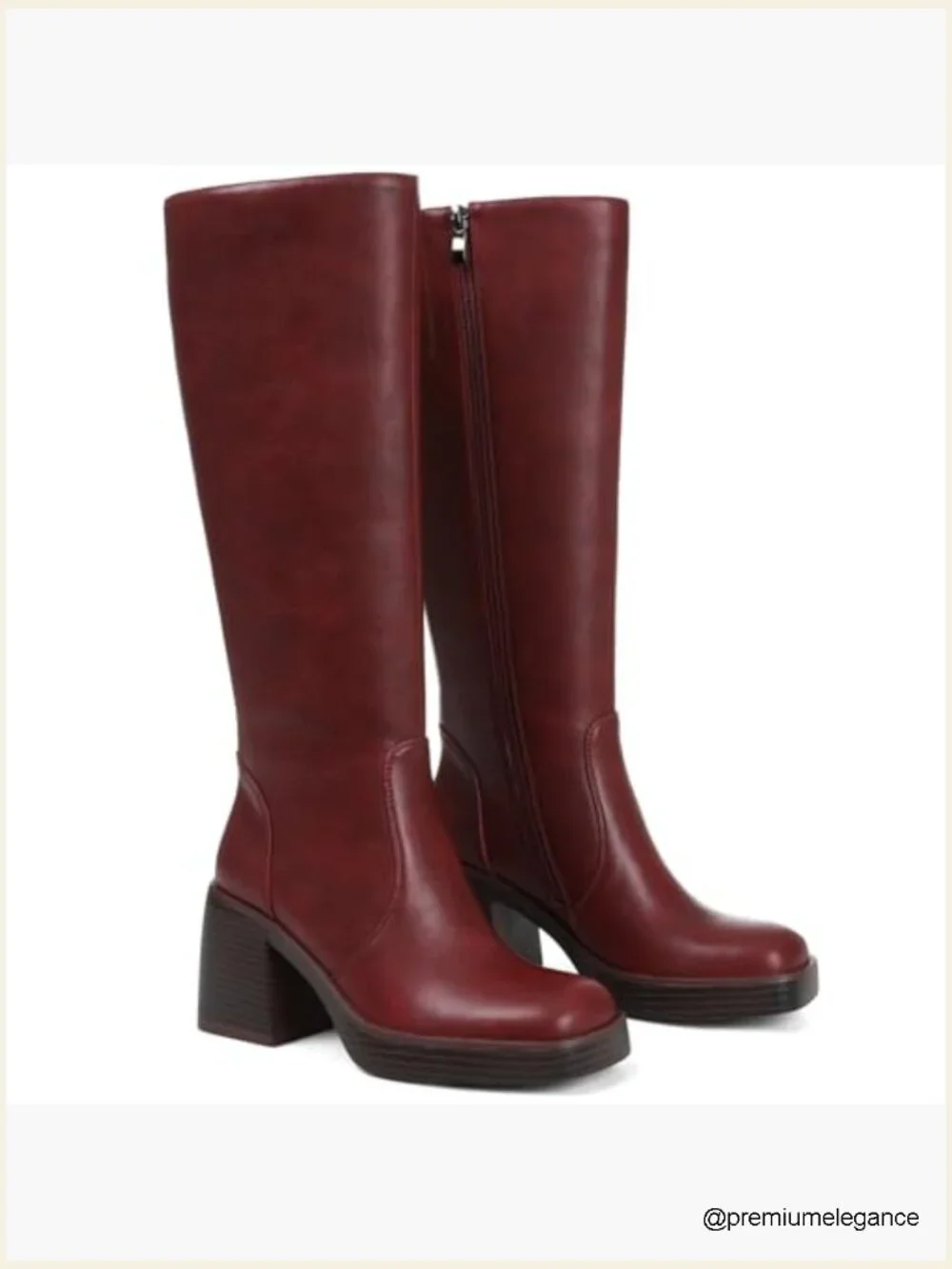 Faux Leather Platform Chunky Square Toe Heeled Knee High Boots